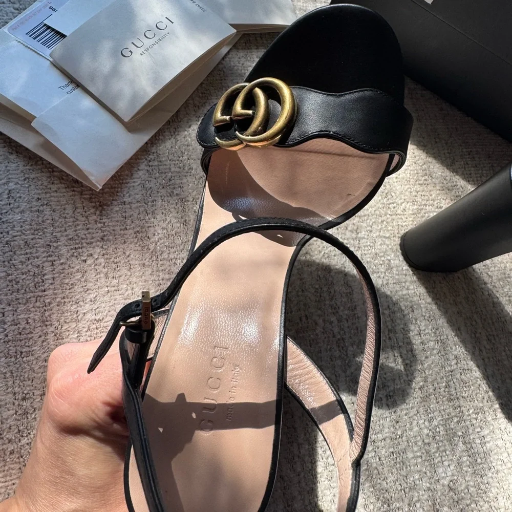 Gucci Black Leather Double G Ankle-Strap Heels